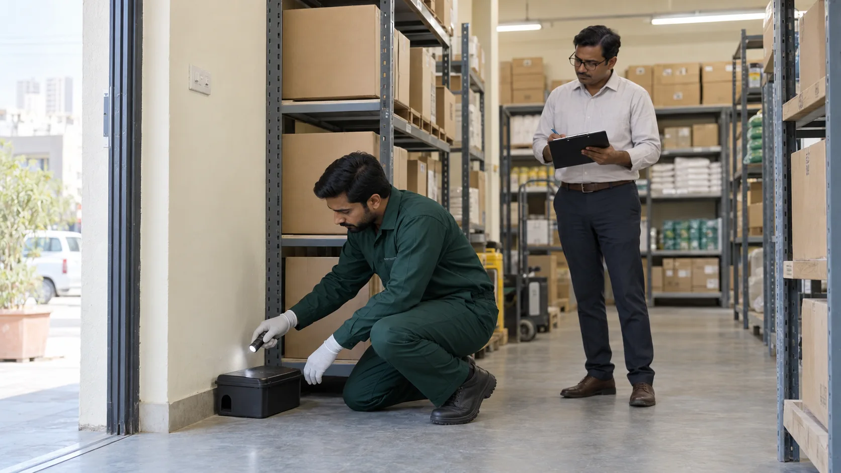 Illustration of a technician checking a closed rodent station while a property manager records the visit