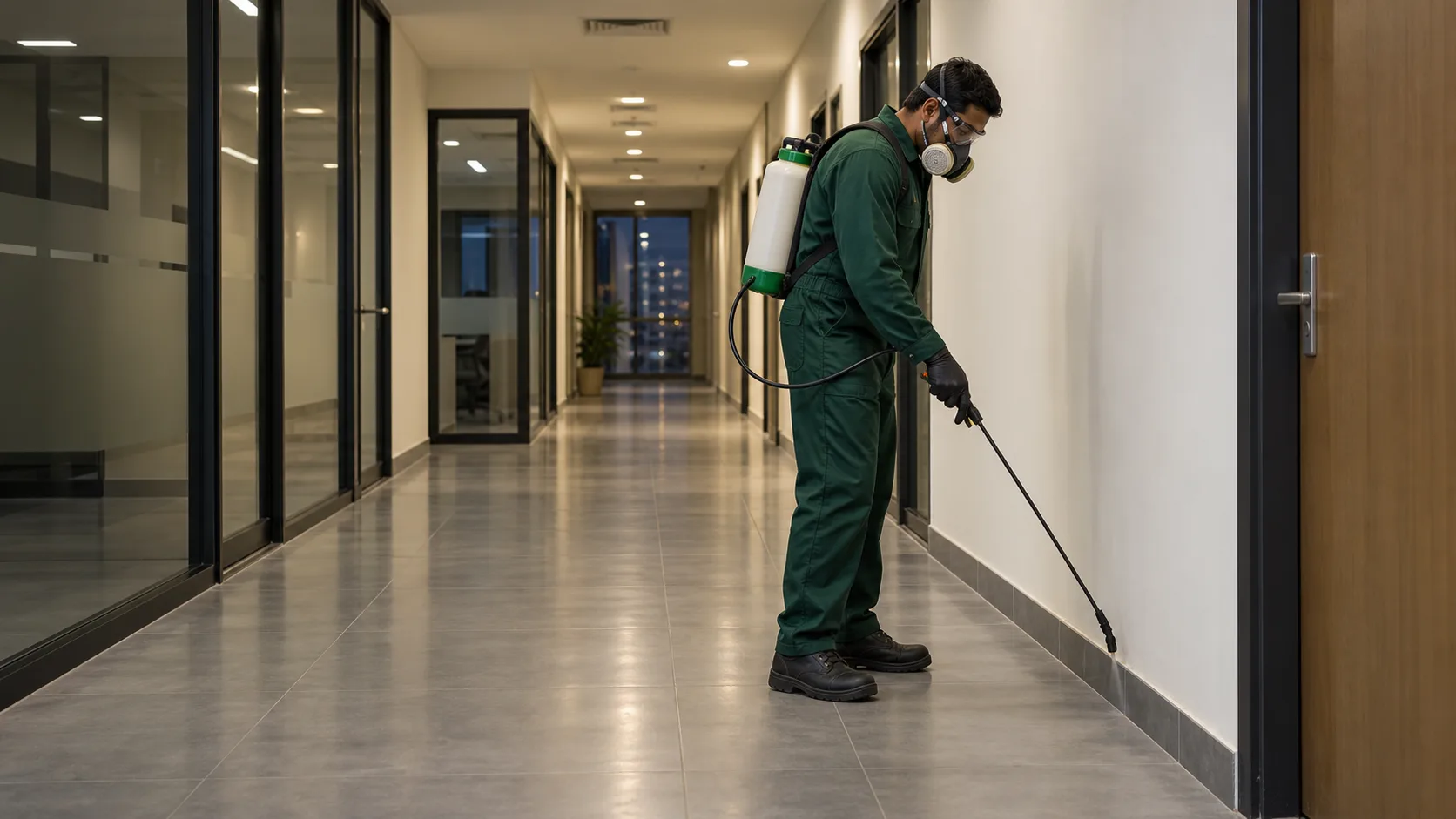 Illustration of a pest-control technician treating a commercial corridor