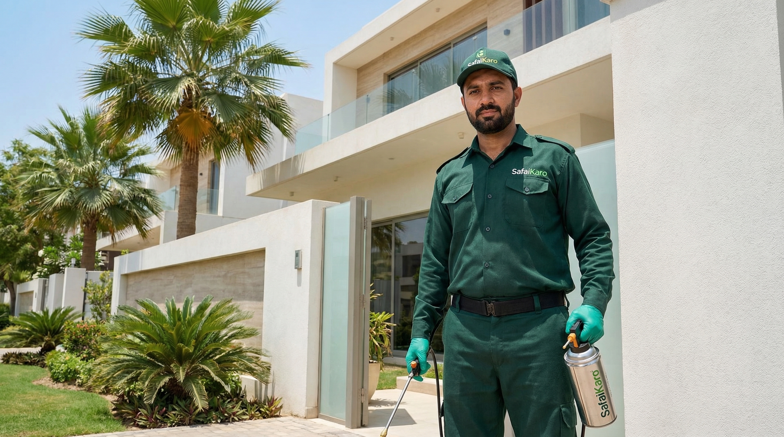 SafaiKaro certified pest control technician at a DHA Karachi villa