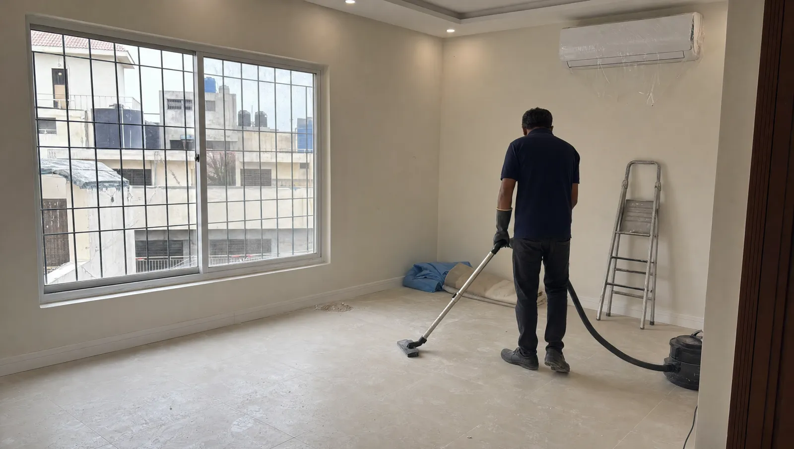 AI-generated illustration of a cleaner vacuuming plaster dust from new floor tiles in a freshly renovated Karachi room.