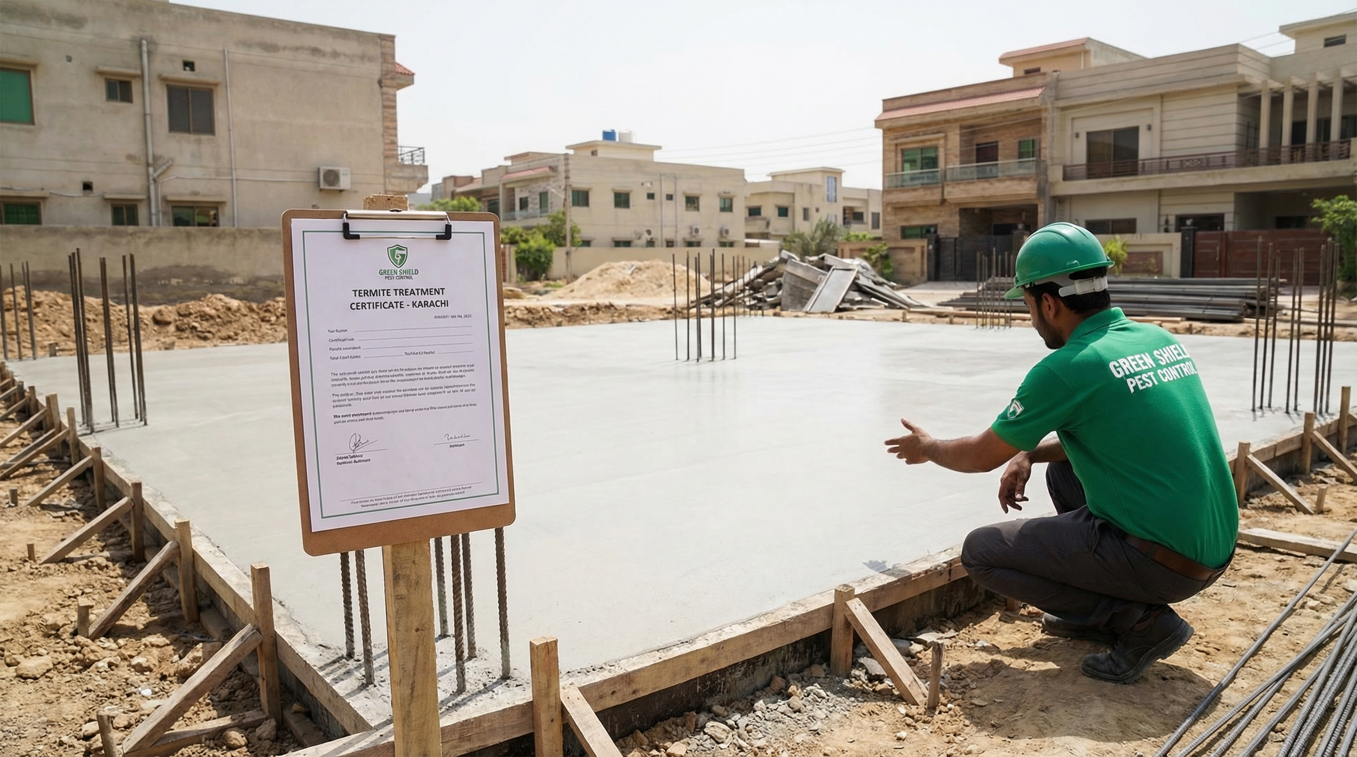 Completed foundation with termite treatment certificate in Karachi
