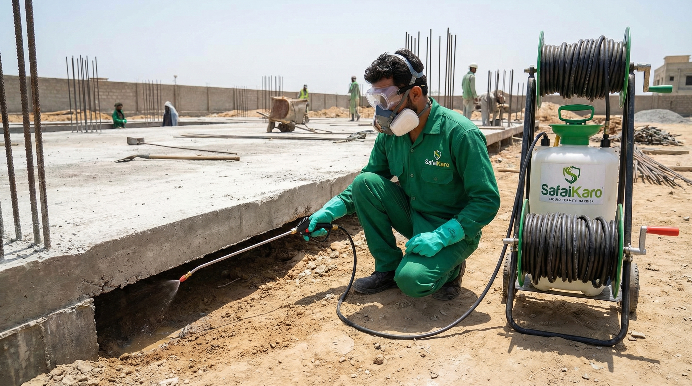 Termite soil treatment applied under slab during construction in Karachi