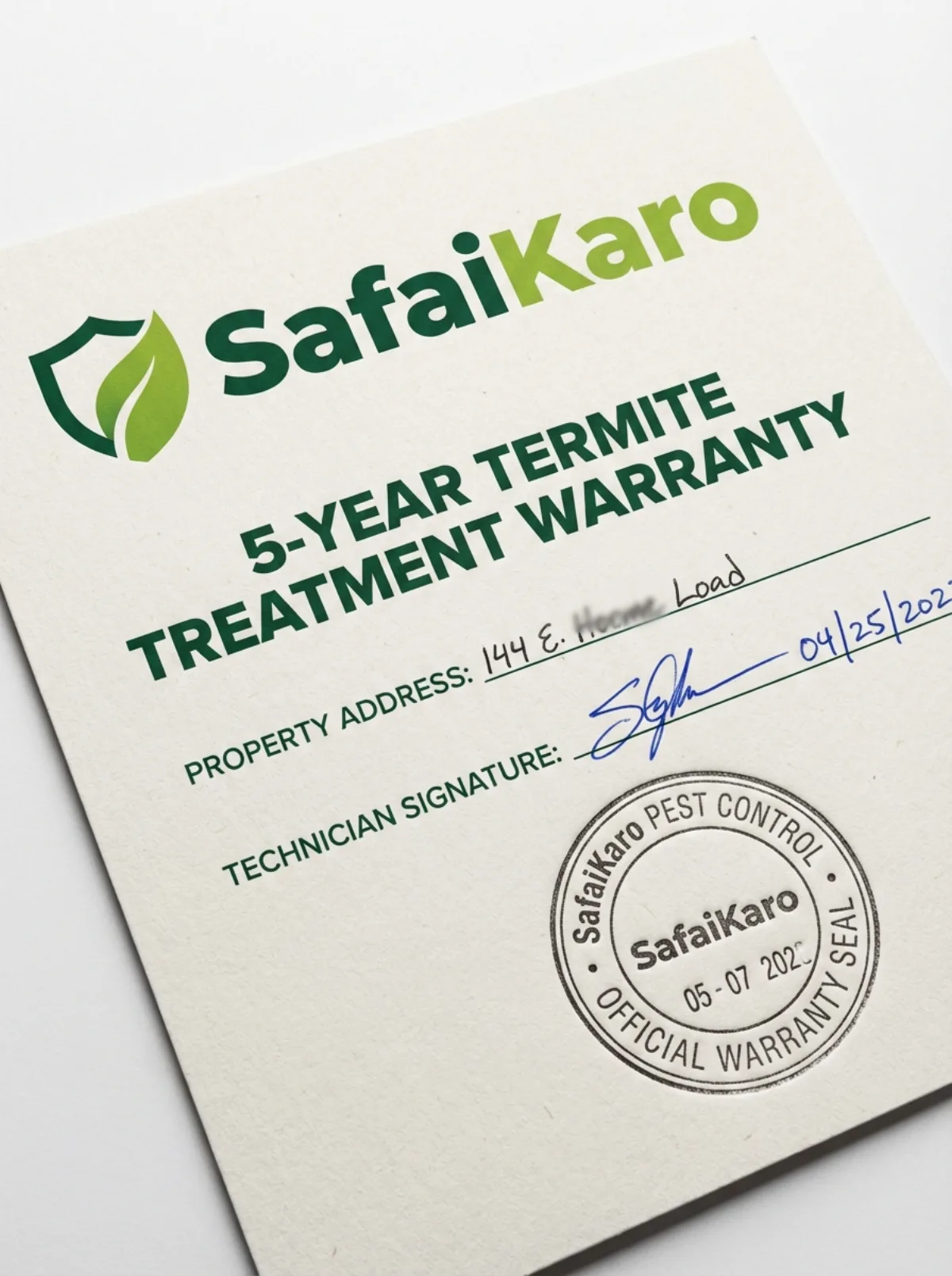 5-year termite treatment warranty card from SafaiKaro Karachi
